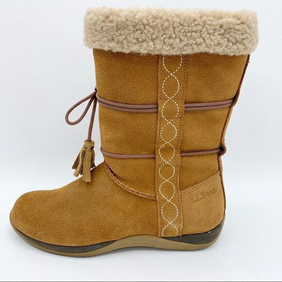 LL Bean Brown Suede Leather Zip Moccasin Winter Fleece Lined‎ Boots Girls - Picture 2 of 12